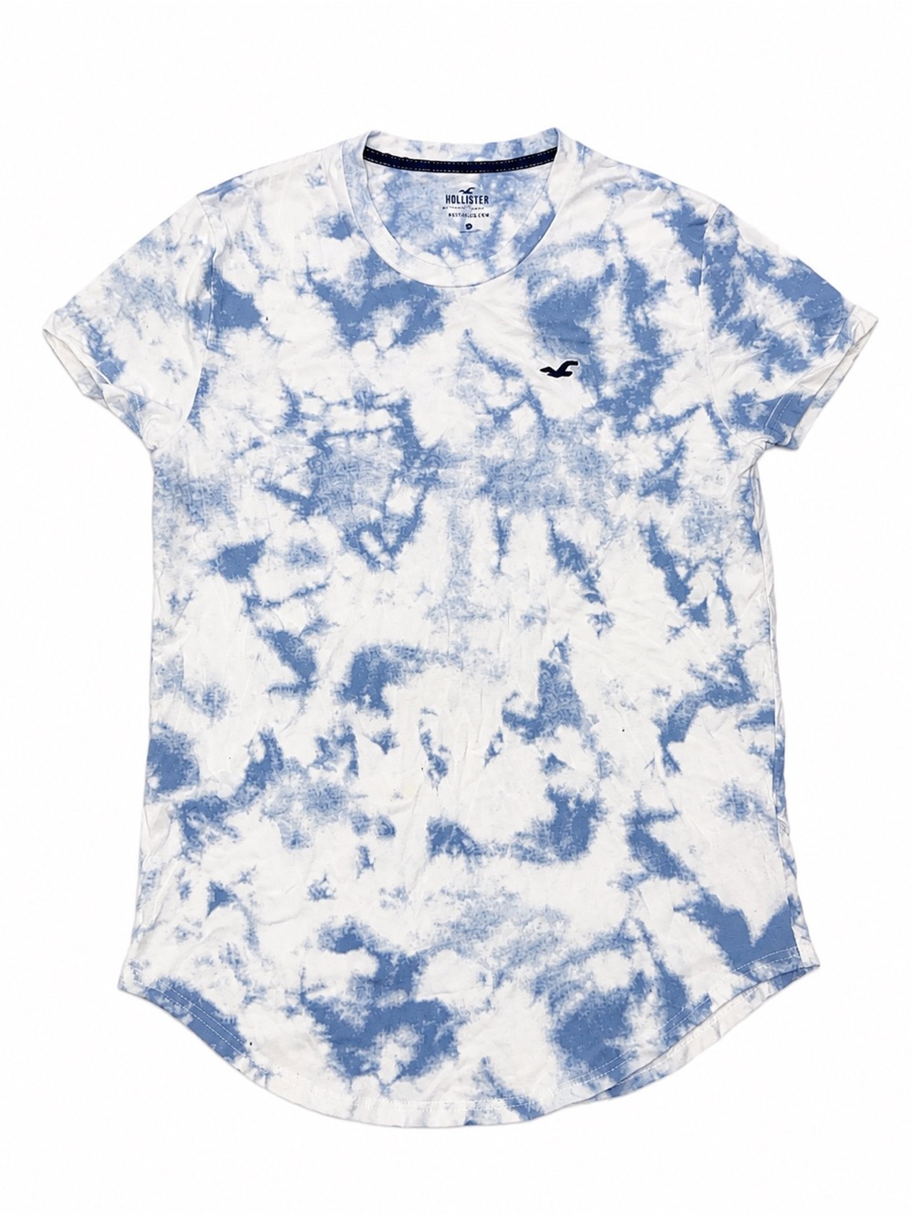 Hollister Blue White Tie-Dye Curved Hem Tee Size S